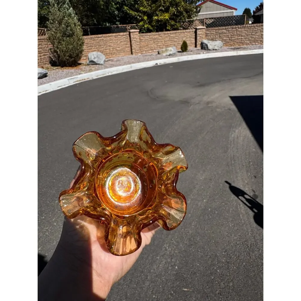 Fenton Art Glass Colonial Amber Hobnail mini vase double crimped ruffled rim 70s